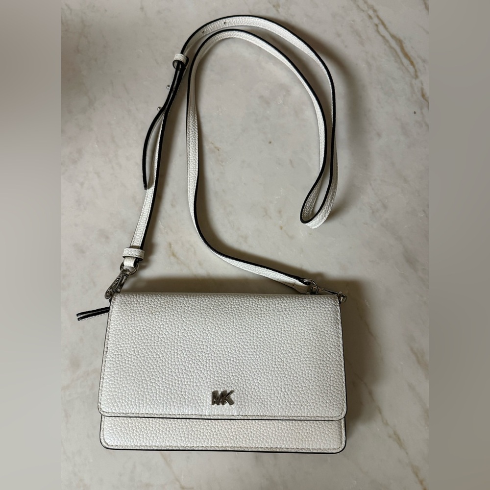 Michael Kors White Pebbled Leather Flap Crossbody with MK Logo